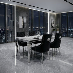Sofia 1.2m Grey Marble Dining Table & 4 Black Minister Lion Chairs