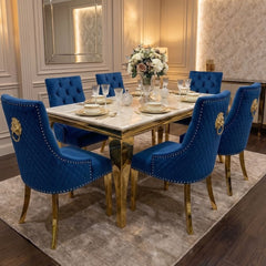 1.2 Sofia Cream Gold Marble Dining Table & 4 Blue Velvet Lion Chairs