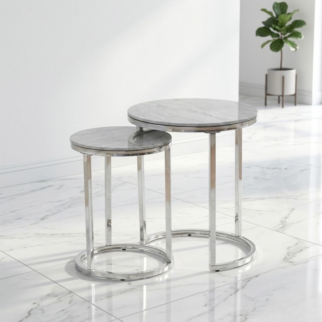 Aiza White Marble Effect Nest of 2 Side Tables - Modern Grey Frame