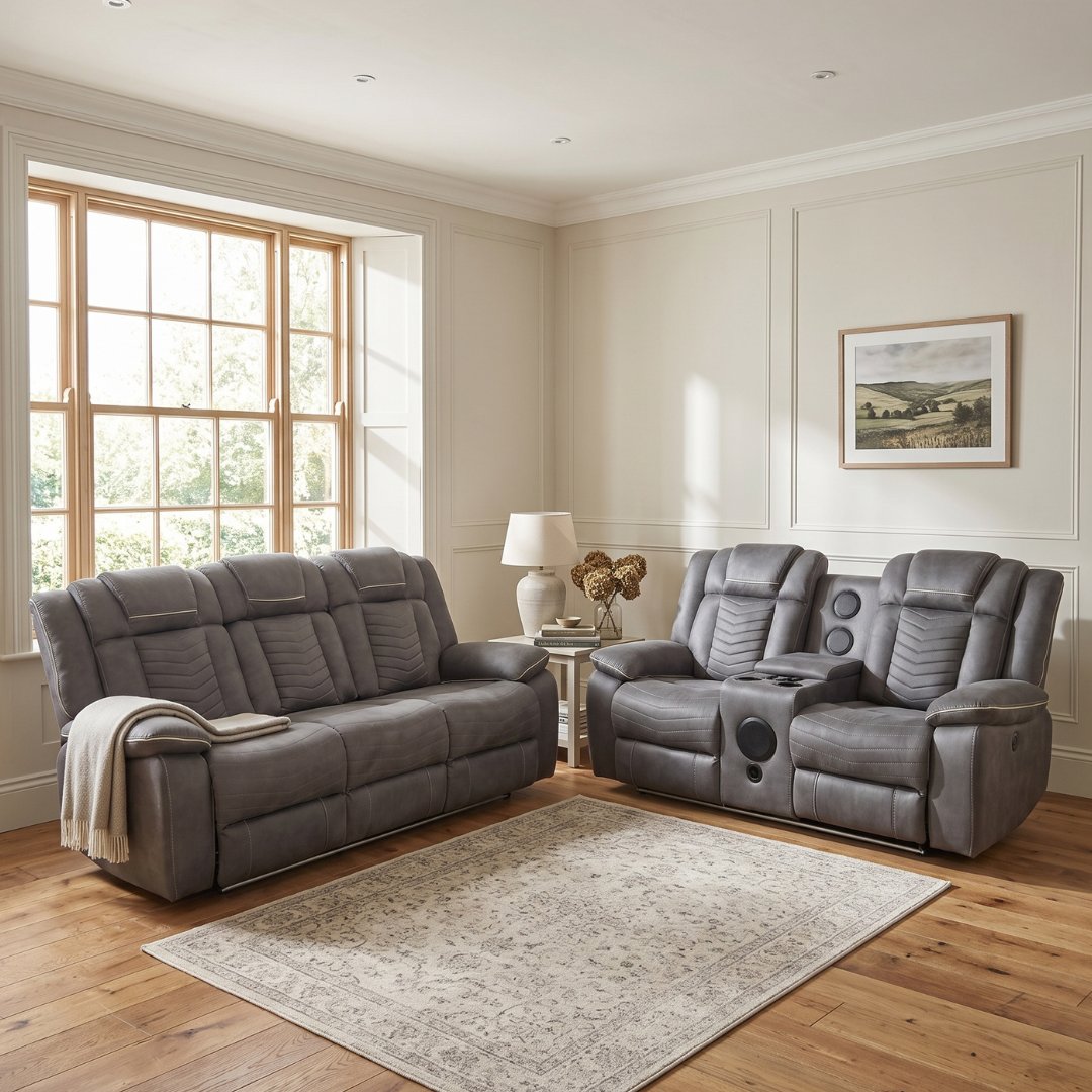 Rico Grey Fabric Electric Recliner 3+2 Sofa with LED & Bluetooth