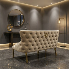 Victoria Mink Shimmer Fabric Luxury Bench with Gold Lion Knocker