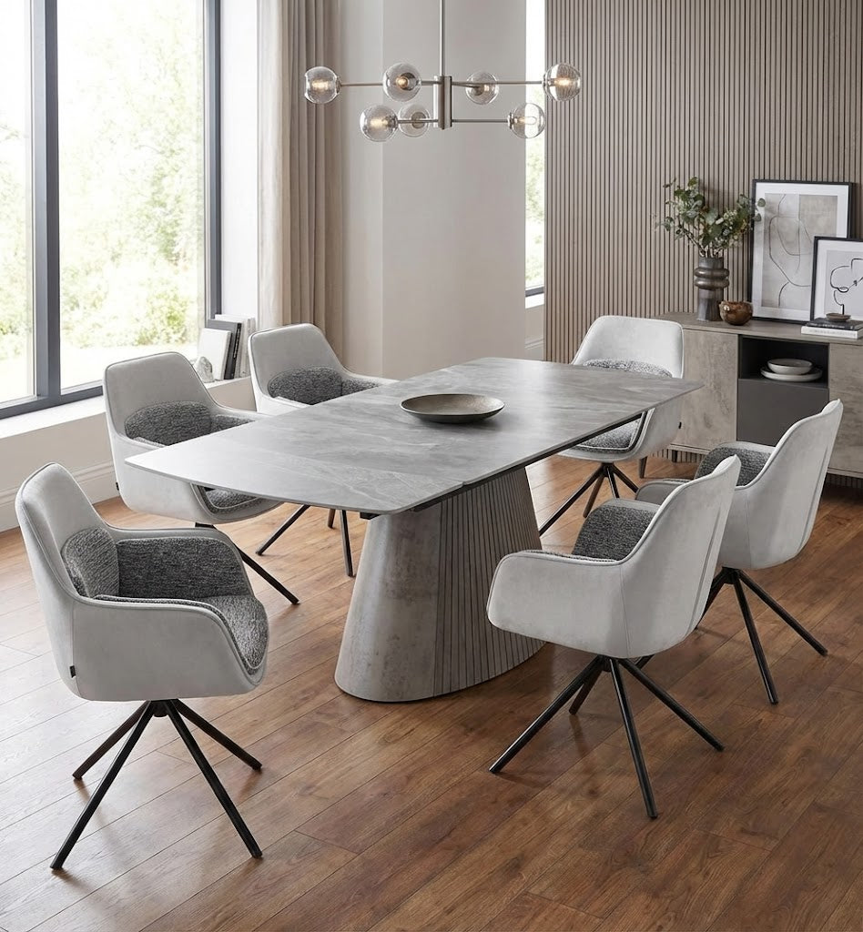 Monaco Grey Stone Extending Dining Set 6 Florence Swivel Chairs