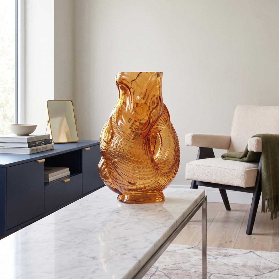 Home Luxe Amber Glass Fish Shaped Flower Vase Home Decor | 30cm