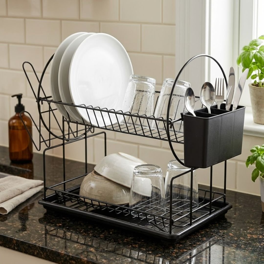 2-Tier Dish Drainer Rack - Black Powder Coated Iron Wire