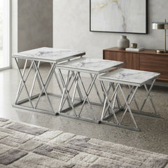 Maidah Silver Nest of 3 Tables with White Marble Top & Steel Frame