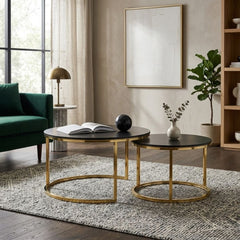Aria Black Marble & Gold Nesting Coffee Tables - Set of 2 Round, 80cm