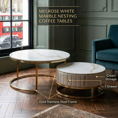 Melrose White Ceramic Nest Of Coffee Tables - Set of 2 Storage Cream Fabric