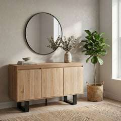 Oakton Natural Wood Sideboard 3 Door Black Metal Legs 140cm