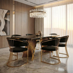 160cm Black Marble & Gold Dining Table with 6 Porado Black Chairs