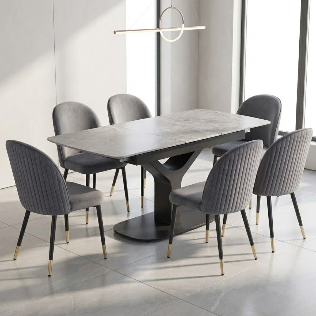 Sapphire 140-180cm Extending Grey Sintered Stone Table & 6 Liza Chairs