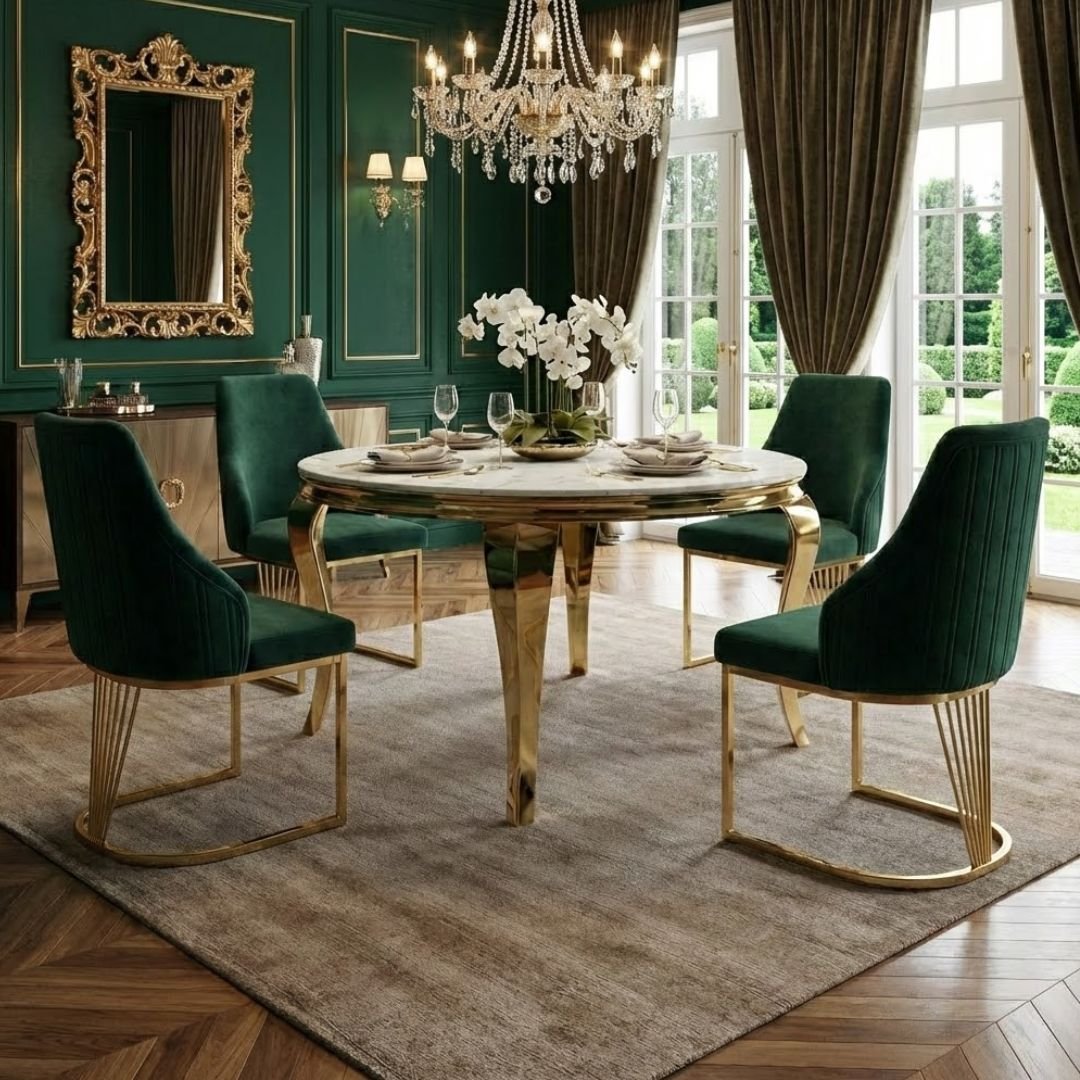 Sofia 150cm Cream Gold Marble Dining Table & 4 Lasco Green Gold Chairs