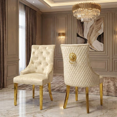 Set of 2 Minister Beige Velvet Dining Chairs with Gold Lion Knocker