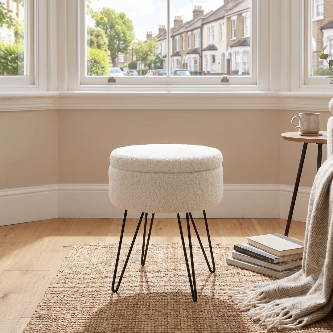 Orla White Teddy Storage Footstool – Boucle Ottoman with Storage