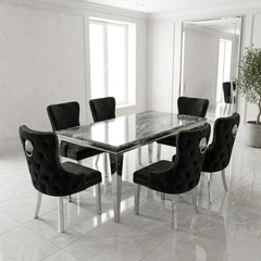 Sofia 1.8m Grey Marble Dining Table & 6 Victoria Black Silver Chairs