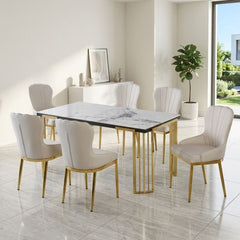 Cindy White Sintered Stone Dining Table & 6 Ivory Mia Chairs Set