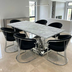 Elina 180cm Grey Marble Dining Table & 6 Black Porado Chairs Set