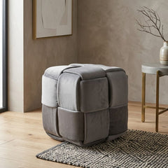 Grey Velvet Style Cube Pouffe - Soft Brushed 40x40x30cm Ottoman