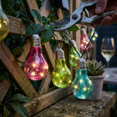 Solar Powered 12 Coloured Bulb String Lights - Warm White LED Garden