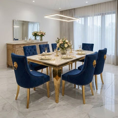 Sofia 1.6m Cream Gold Dining Table & 6 Blue Lion Back Velvet Chairs