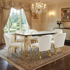 Sorrento 180cm White Marble Gold Leg Dining Table & 6 Fabio Beige Chairs
