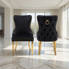 Set of 2 Black Victoria Dining Chairs with Ring Knocker & Gold Legs