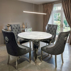 Sofia 1.1m Round Grey Marble Dining Table & 4 Minister Lion Chairs
