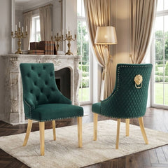 Set of 2 Minister Green Velvet Dining Chairs with Gold Lion Knocker