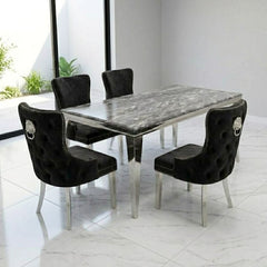 Sofia 1.5m Grey Marble Dining Table & 4 Victoria Black Silver Chairs