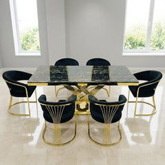 Elina 180cm Black & Gold Marble Dining Table & 6 Porado Chairs Set