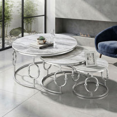 Ayla Silver Nest of 3 Marble Coffee Tables with Steel Frame Set