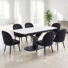 Sapphire 140-180cm Extending White Quartz Table & 6 Black Liza Chairs