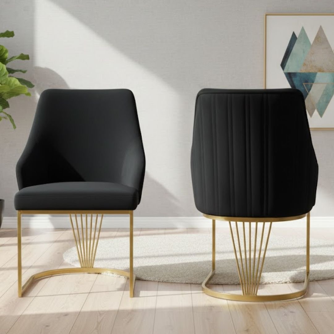 Set of 2 Lasco Black and Gold Velvet Dining Chairs with Metal Legs