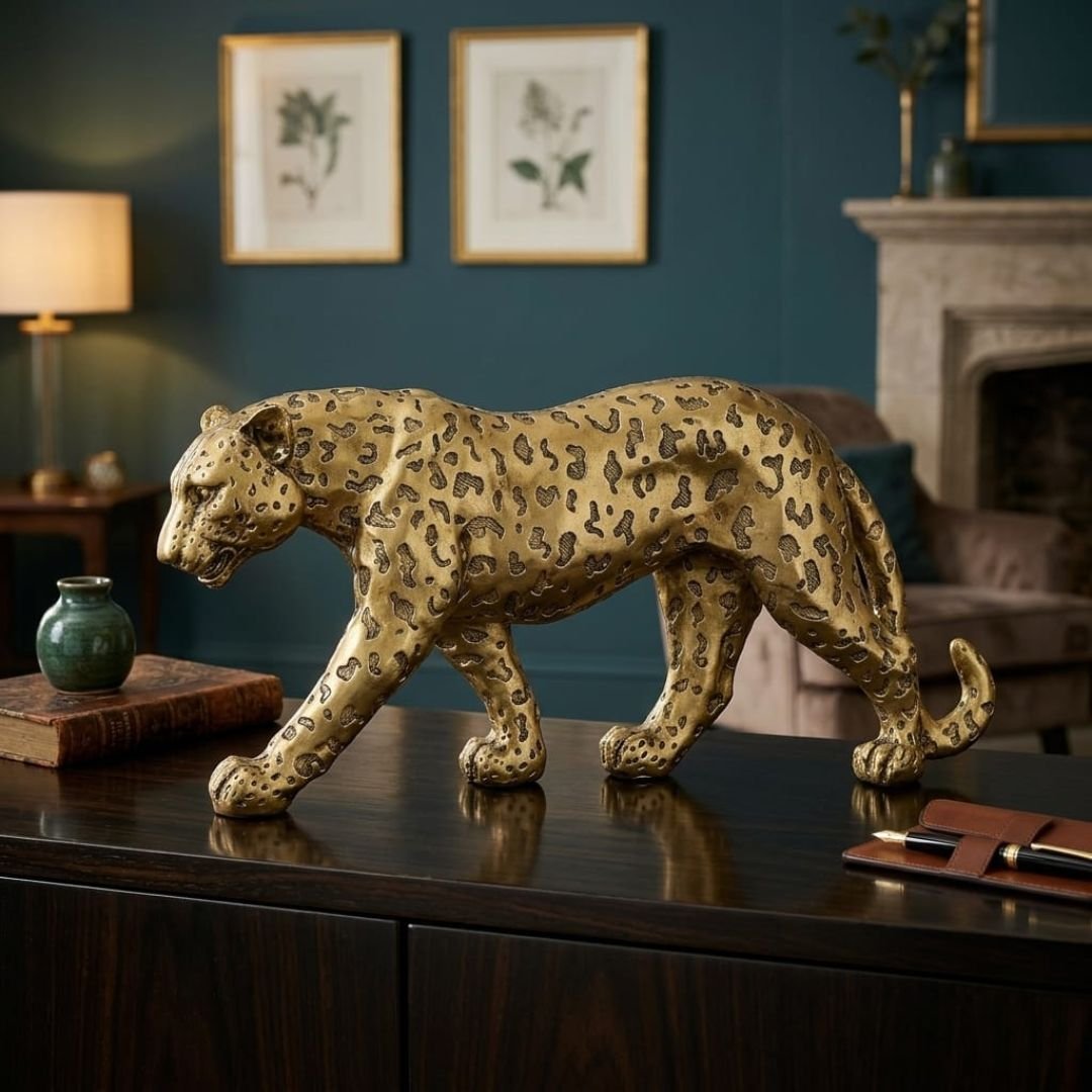 Gold Leopard Desktop Statue - Small Tabletop Animal Figurine Decor