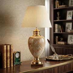 Large Cream & Gold Marble Table Lamp with Pleated Shade 79cm Tall