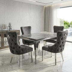 Sofia 1.2m Grey Marble Table & 4 Victoria Grey Lion Silver Chairs