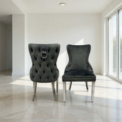 Set of 2 Grey Victoria Dining Chairs with Ring Knocker & Silver Legs