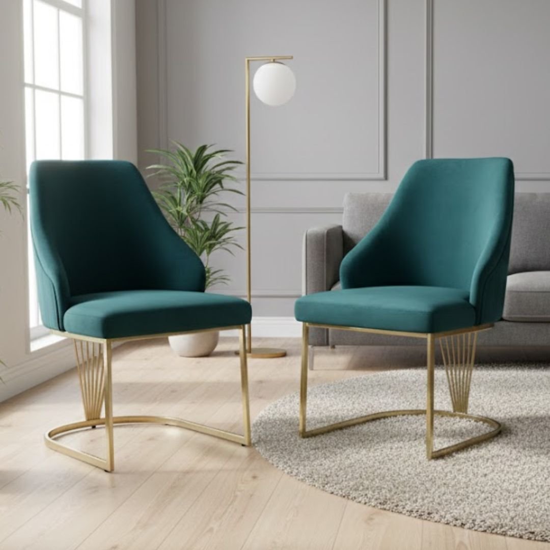 Set of 2 Lasco Green and Gold Velvet Dining Chairs with Metal Legs