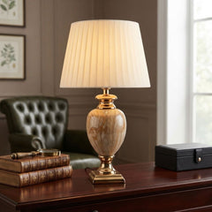 Medium Cream & Gold Marble Table Lamp with Pleated Shade 61cm Tall