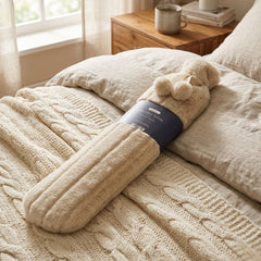 72cm Long Hot Water Bottle with Luxury Grey Faux Fur Cover & Pom Poms