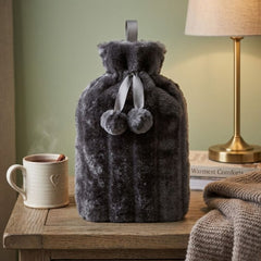 Black 2L Faux Fur Hot Water Bottle - Luxury Plush Pom Pom Winter Gift