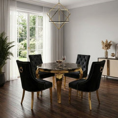 Sofia 1.1m Round Black Gold Dining Table & 4 Ring Back Dining Chairs