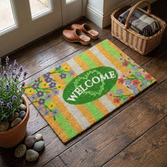 Floral Welcome Coir Doormat - Natural Coconut Fibre - 60x40cm