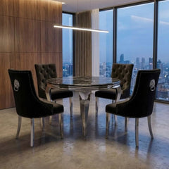 Sofia 1.1m Round Grey Marble Dining Table & 4 Minister Black Chairs
