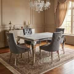Sofia 1.2m Grey Marble Dining Table & 4 Minister Grey Lion Chairs