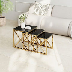 Aida Black Ceramic & Gold Nesting Tables - Set of 3 Square Side Tables