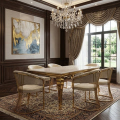 160cm Cream Marble & Gold Dining Table with 6 Porado Cream Chairs
