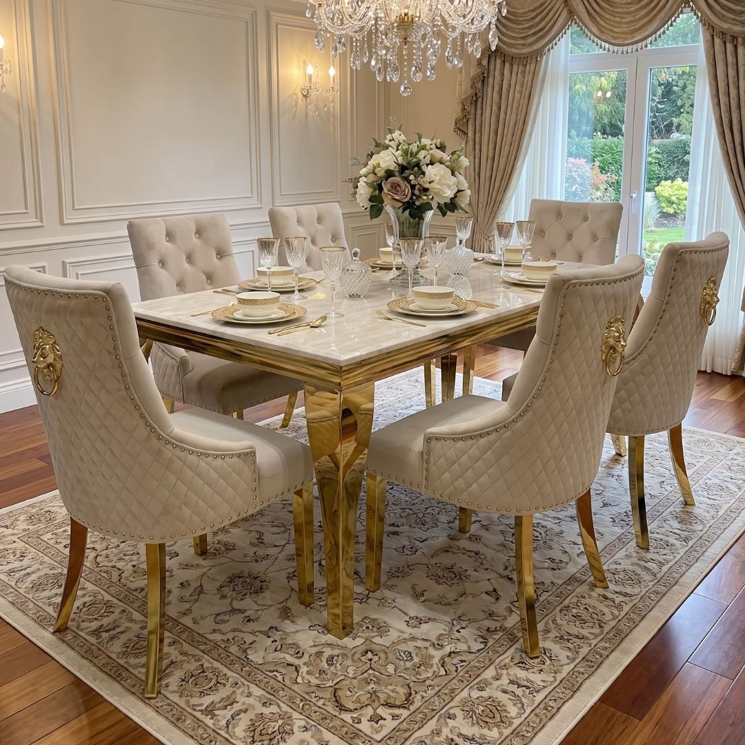 1.6m Sofia Cream Gold Marble Dining Table & 6 x Beige Velvet Chairs Set