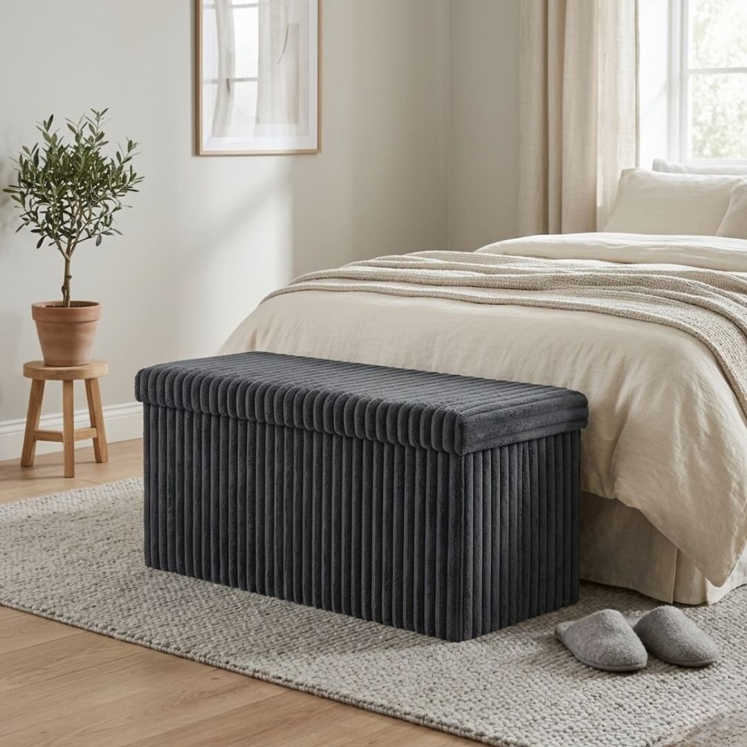 Gaveno Cavailia Charcoal Ribbed Storage Bench - Foldable 2 Seater Box