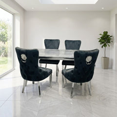Sofia 1.2m Grey Marble Table & 4 Victoria Black Lion Silver Chairs