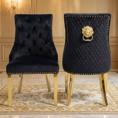 Set of 2 Minister Black Velvet Dining Chairs with Gold Lion Knocker